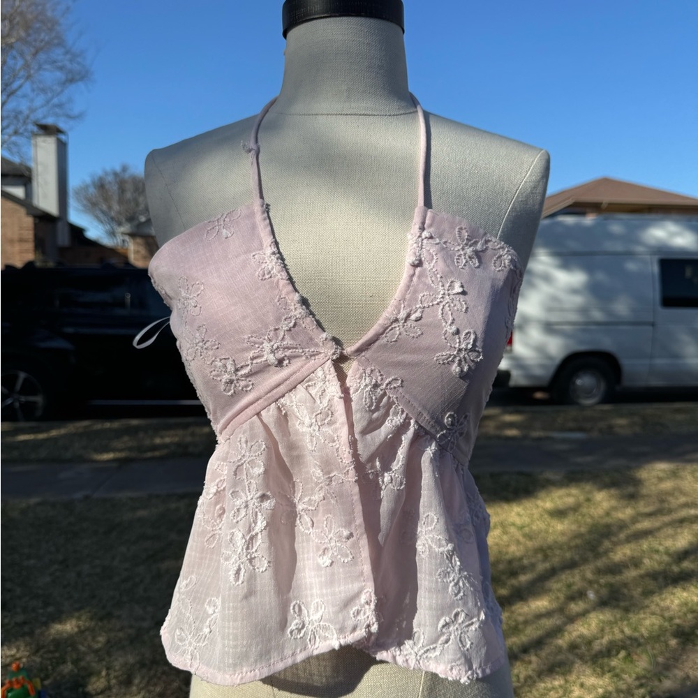 Princess Polly Pale Pink Embroidered Lace Trim Halter Camisole